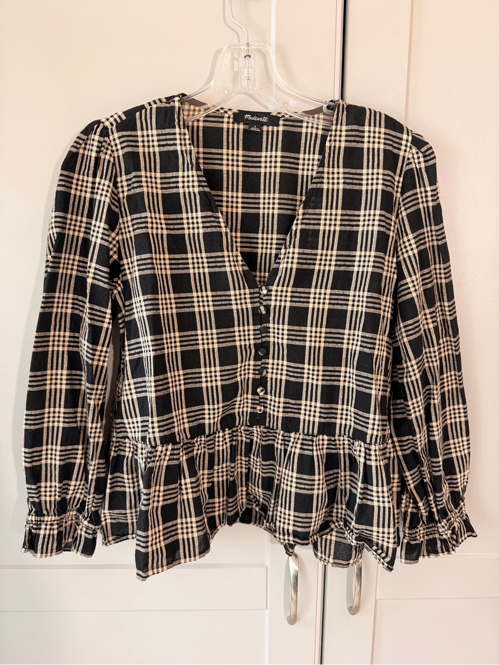 Madewell Plaid Peplum Blouse Black Tan Button Front Long Sleeve Size Small